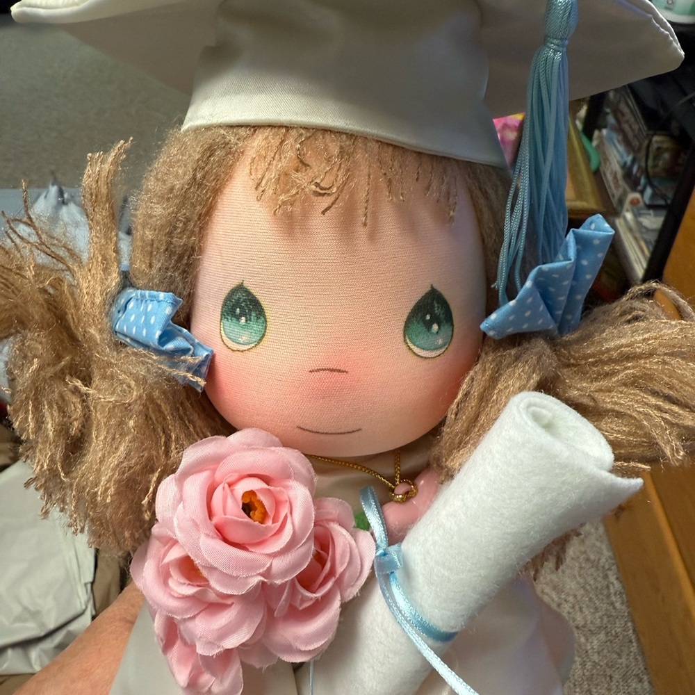 Vintage Precious Moments Gwen Graduation Doll with Pink Rose and Blue Accents
